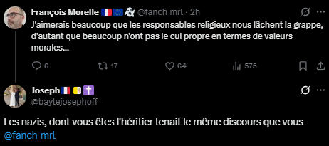 fanch_mrl's tweet image. ▶️ Séparation de l'Eglise et de l'Etat en France: 1905
▶️Création du parti nazi (NSDAP) en Allemagne: 1920
Pour Joseph... ce que j'écris est donc nazi...
Joseph vient d'obtenir son point #Godwin.
Joseph ne dit pas que des conneries. Il en écrit aussi.