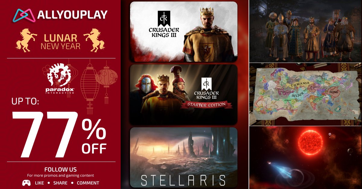 Dynasties rise.
Empires collapse.

Paradox – Lunar Sale is live with up to 77% OFF!

👑 Crusader Kings III — 13.63€ / 12.60£ / 13.59$
🌠 Stellaris — 9.19€ / 8.75£ / 9.09$
⚔️ Crusader Kings III: Starter Edition — 29.58€ / 27.25£ / 29.49$

Claim your realm.
Link in bio.