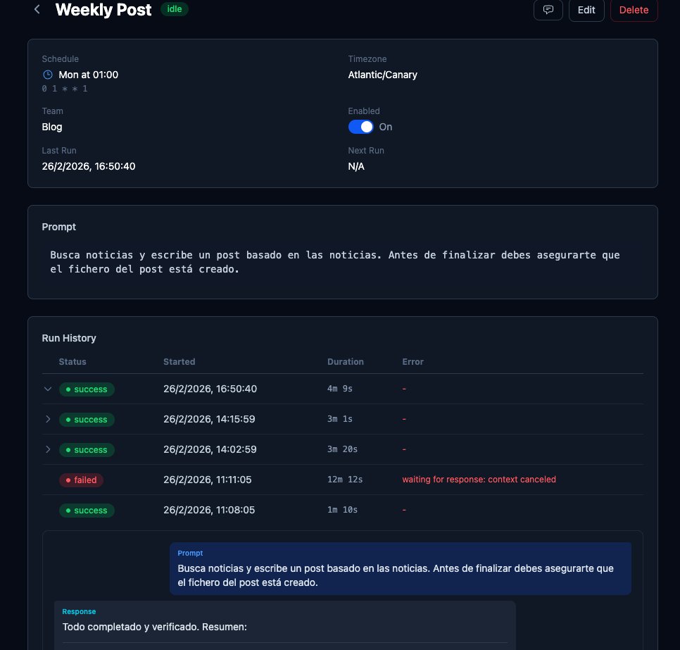 🔁 Día 8 creando AgentCrew, el orquestador de Agentes de IA:

Tengo ya casi a punto el poder crearle tareas programadas a los equipos de agentes que tengamos.

En este ejemplo le digo al agente que todos los lunes a la 1 de la mañana debe buscar noticias y crearme un post. Por