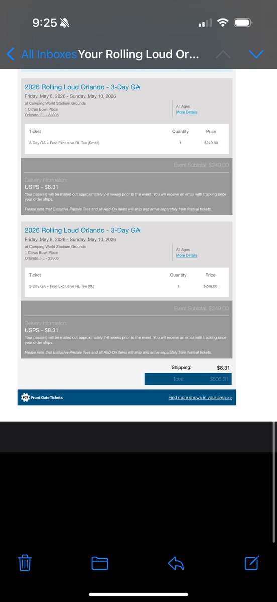 420HAHAHAHA69's tweet photo. selling 2 3-day ga tix to rolling loud orlando 2026 $200 ea. bought before the line up dropped lol. dm me, can send proof. keep the shirts idc 😭 #rollingloud #rollingloud2026 #rollingloudorlando https://t.co/UQ7lJ7P9bJ