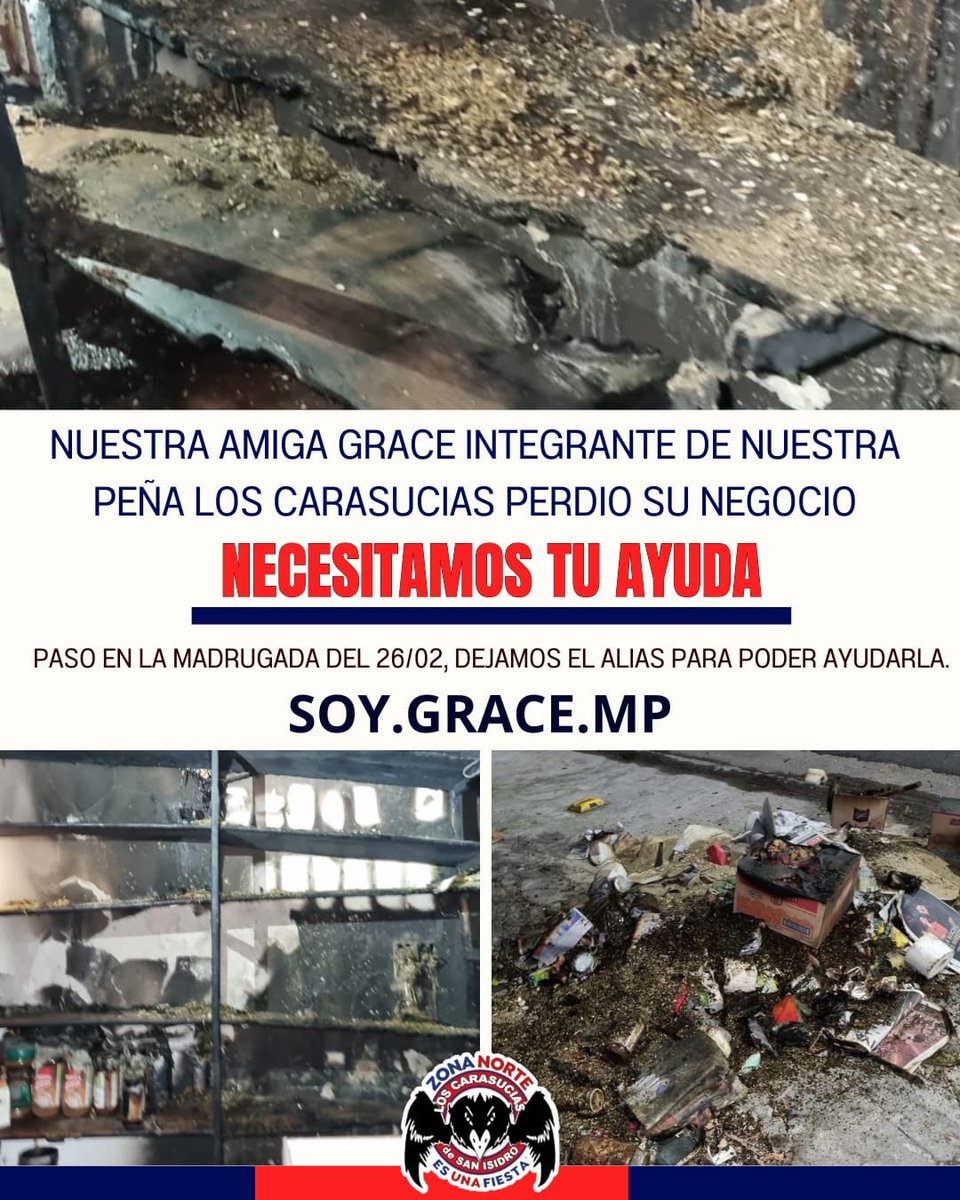 📣 AYUDAMOS A GRACE

En la madrugada de ayer se incendio su negocio y de nuestro lado queremos ayudarla, les dejamos su alias: 

Soy.grace.mp 

#LosCarasucias