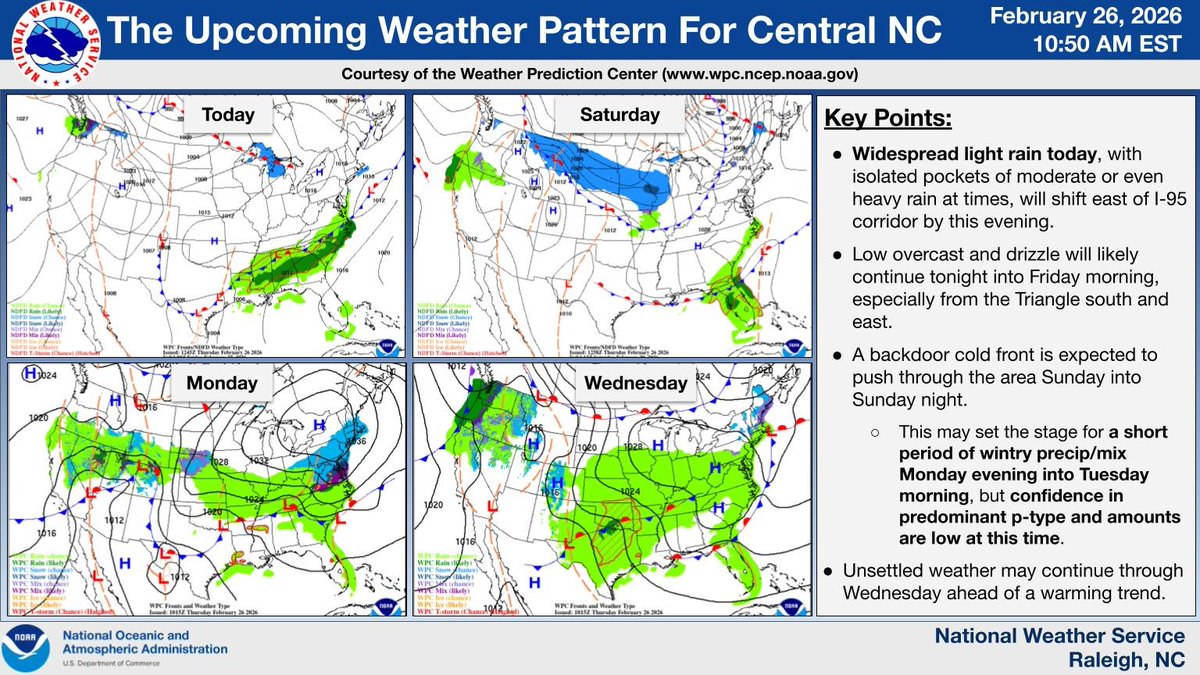 NWSRaleigh's tweet photo. Check out our latest weather briefing for the upcoming week into early March!

We discuss Severe Weather Preparedness Week, ongoing drought status, and even potential for light wintry mix Monday into Tuesday morning! #NCwx

Linked here: https://t.co/TccV1LtriZ https://t.co/mgpvvHkYIb