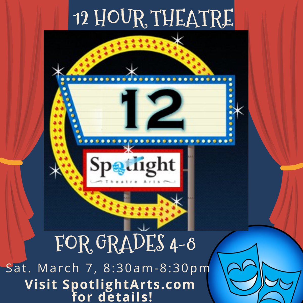 SpotlightArts's tweet photo. In 12-Hour Theatre, young performers spend an entire day at Spotlight rehearsing one act plays that they will perform that evening!

Saturday March 7, 8:30am-8:30pm
Cost: $65
Visit https://t.co/kx1Pe8RRzs today to register! https://t.co/cP1iOrWHCd