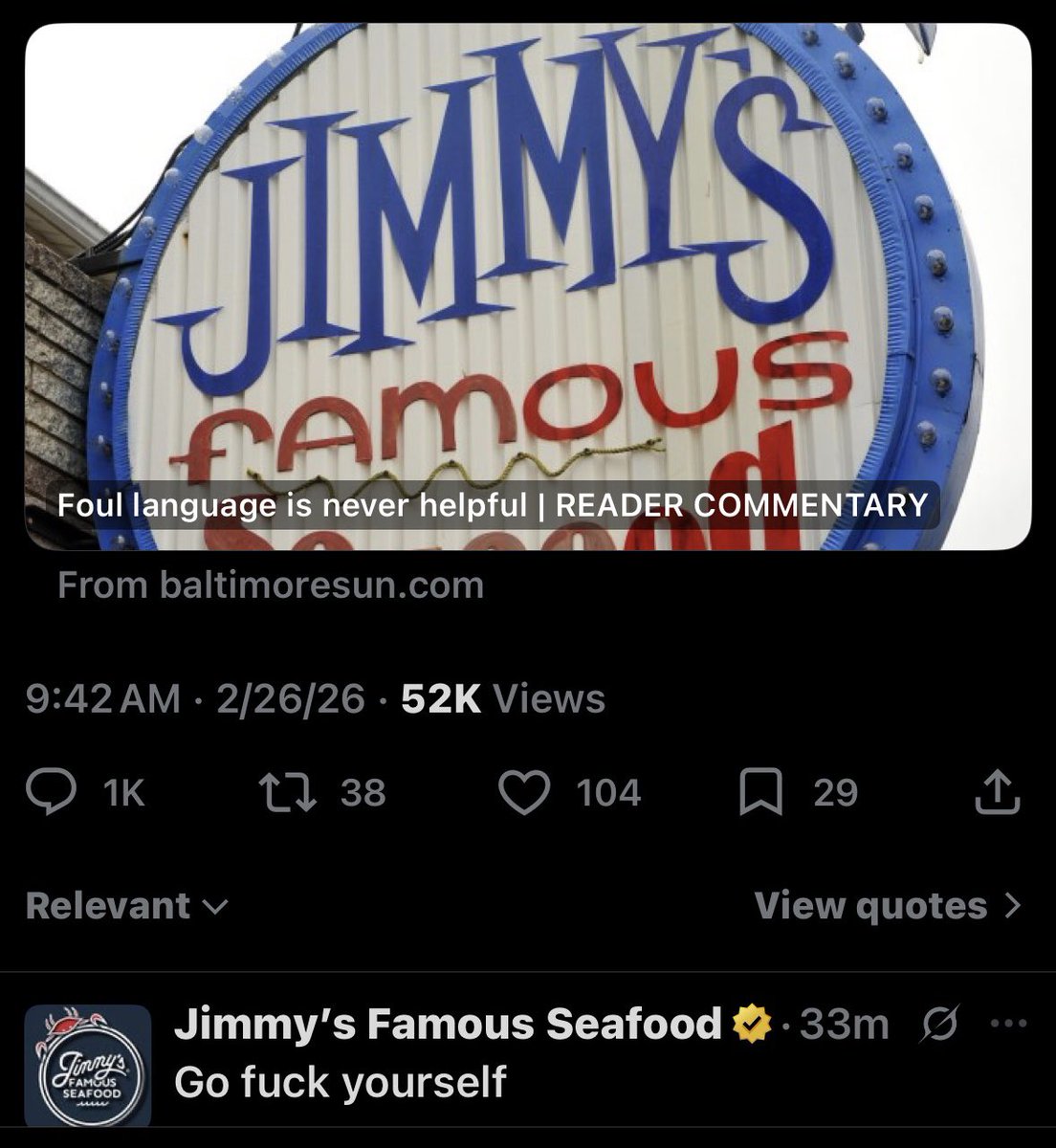 SouthDallasFood's tweet image. Gossip: @JimmysSeafood ratios the Baltimore Sun in epic fashion in less than 15 minutes