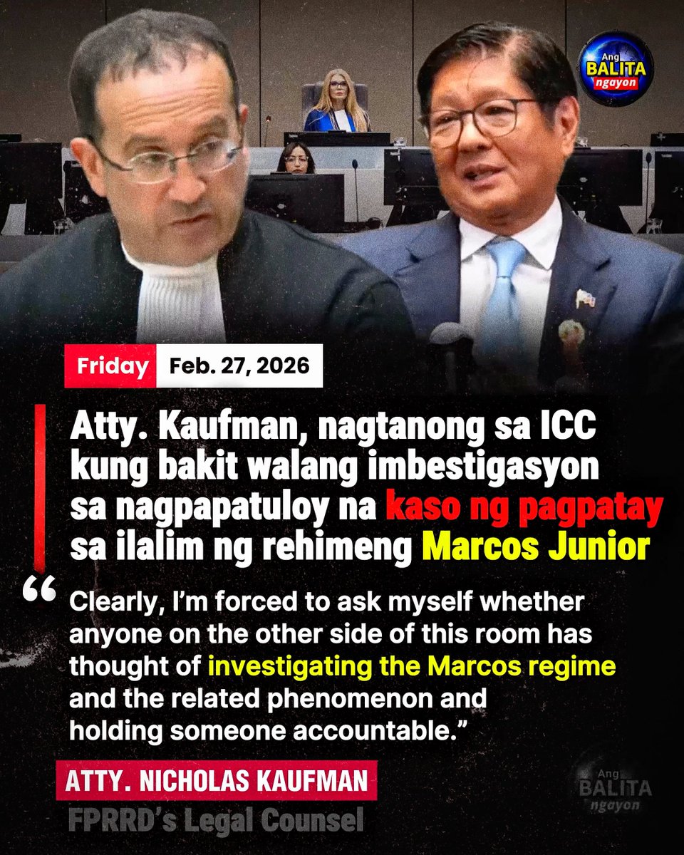 ATTY. KAUFMAN, NAGTANONG SA ICC KUNG BAKIT WALANG IMBESTIGASYON SA NAGPAPATULOY NA KASO NG PAGPATAY SA ILALIM NG REHIMENG MARCOS JUNIOR

Diretsahang itinaas ni Atty. Nicholas Kaufman sa pagdinig ng International Criminal Court ang tanong kung bakit walang imbestigasyon sa umano’y