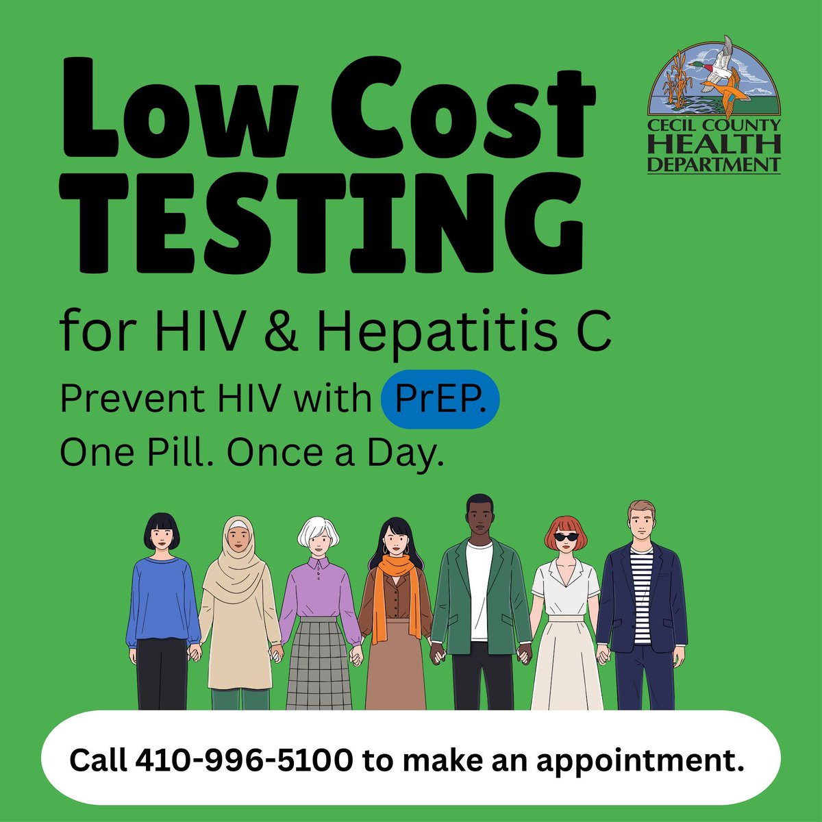 LOW COST TESTING for HIV &amp; Hepatitis C
Call 410-996-5100 for questions or to make your appointment today.