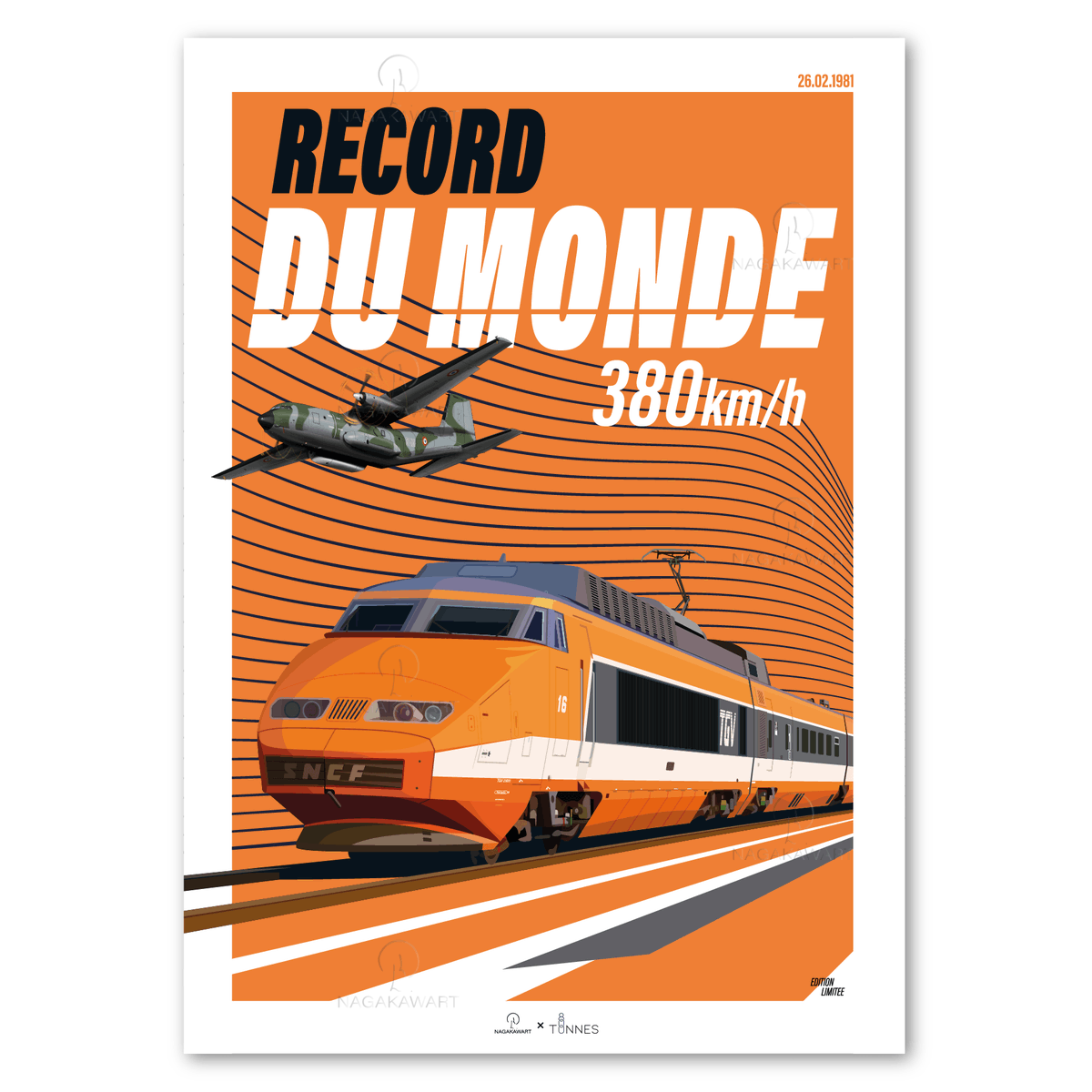 26.02.1981, le TGV n°16 entre dans l'histoire : il est le nouveau détenteur du record du monde de vitesse avec 380km/h.

À l'occasion des 45 ans du record de 81, une affiche en édition limitée et signée, en collab' avec <a href="/800Tonnes/">800 Tonnes</a> .