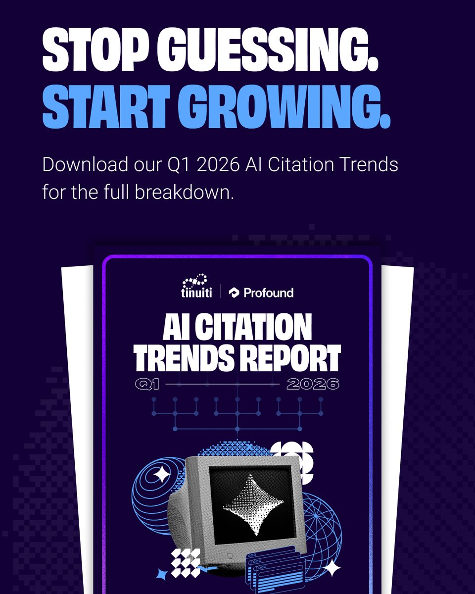 Tinuiti's tweet photo. Our Q1 2026 AI Citation Trends Report, powered by data from our partners at @profound , is live. Read the full report here: https://t.co/tmivRsrXq4 https://t.co/eg0jjOLcvB