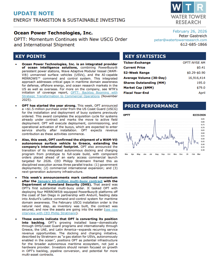 Optt Ocean Power Technologies (OPTT) continues to build momentum as it ...