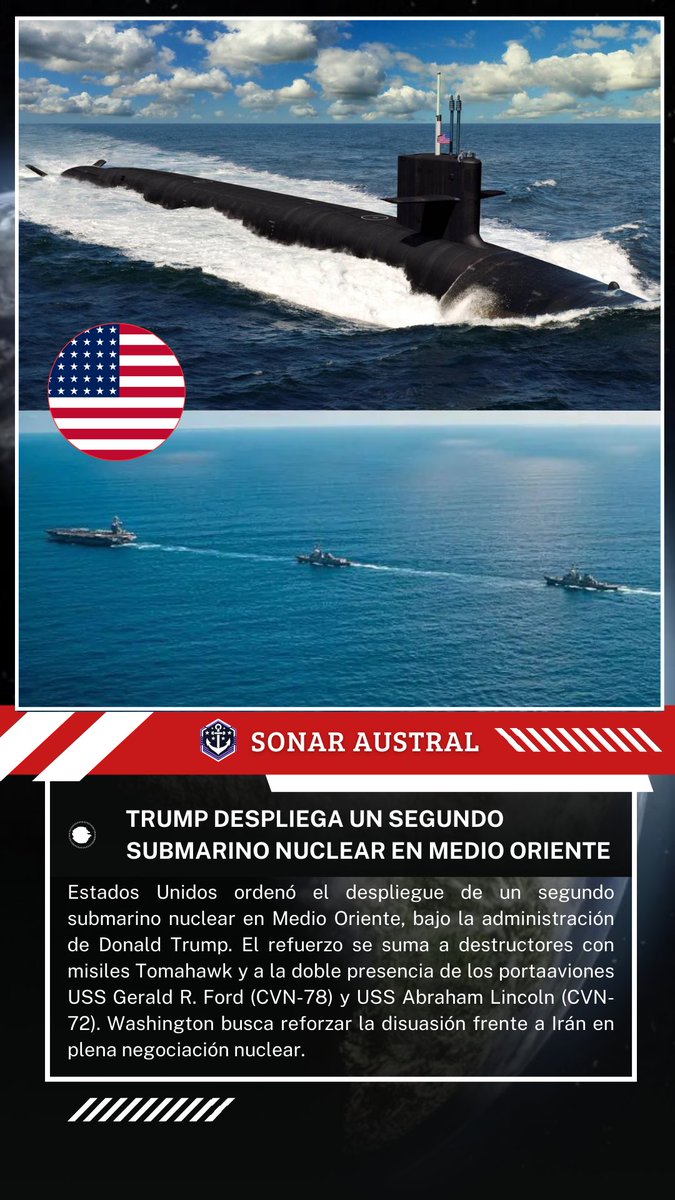 SonarAustral's tweet photo. 🇺🇸🇮🇷 Estados Unidos ordenó el despliegue de un segundo submarino nuclear en Medio Oriente, bajo la administración de Donald Trump. El refuerzo se suma a destructores con misiles Tomahawk y a la doble presencia de los portaaviones USS Gerald R. Ford y USS Abraham Lincoln. https://t.co/MYjhcHWVIt