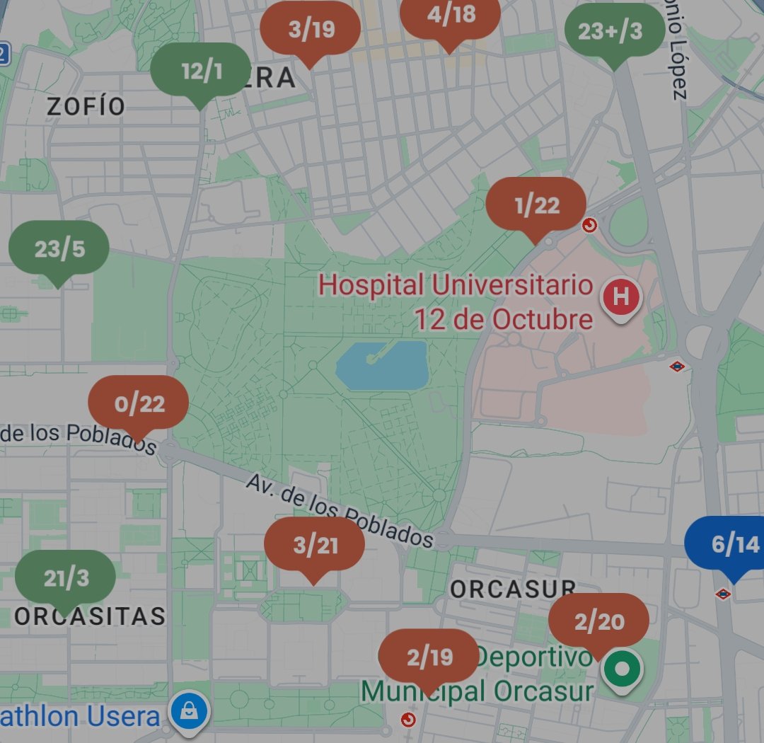 Jose_Ramon47's tweet image. @bicimad @EMTmadrid @AytoMadrid No es "franja horaria", es abandono de zona. Vean el mapa de Usera/Orcasitas: estaciones con 0, 1 o 2 bicis. Imposible planificar nada si el servicio desaparece al sur de la M-30. ¿Cuándo habrá una logística real aquí? ❌🚲 #bicimad #Usera