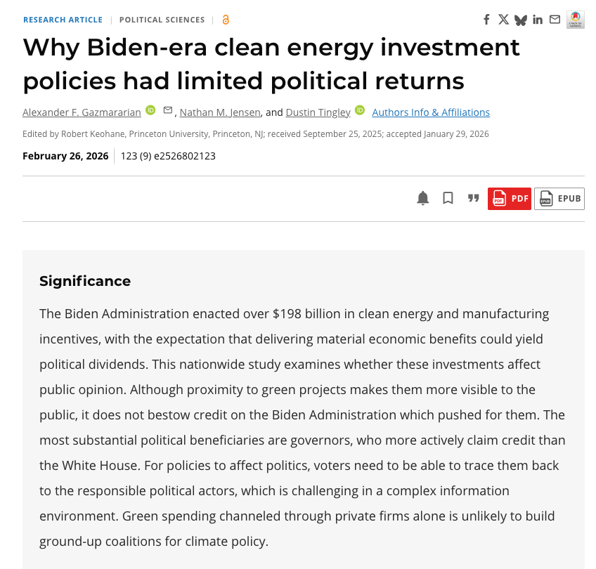 alexgazmararian's tweet photo. The Biden Admin directed hundreds of billions to clean energy and manufacturing.

Did these investments shift public opinion?

We find that these projects are visible but not traceable:

People notice nearby investments, but connect them to Governors, not Biden.

Full thread 👇 https://t.co/z38vGMyK0k