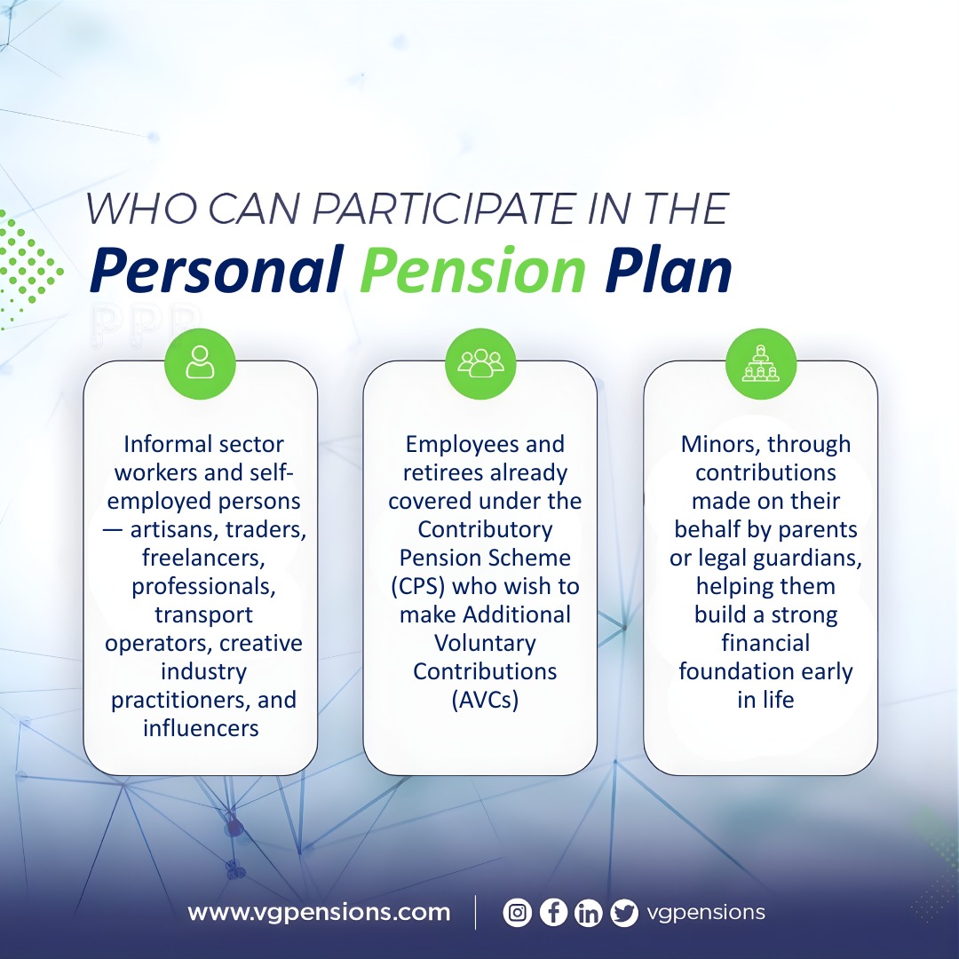 vgpensions1's tweet image. The Personal Pension Plan (PPP)

From employees and retirees to informal sector workers and parents saving for their children, the Personal Pension Plan is designed to suit every earning pattern. 

Flexible. Secure. Fully yours.

#VGPensions #PersonalPensionPlan #SecureFuture