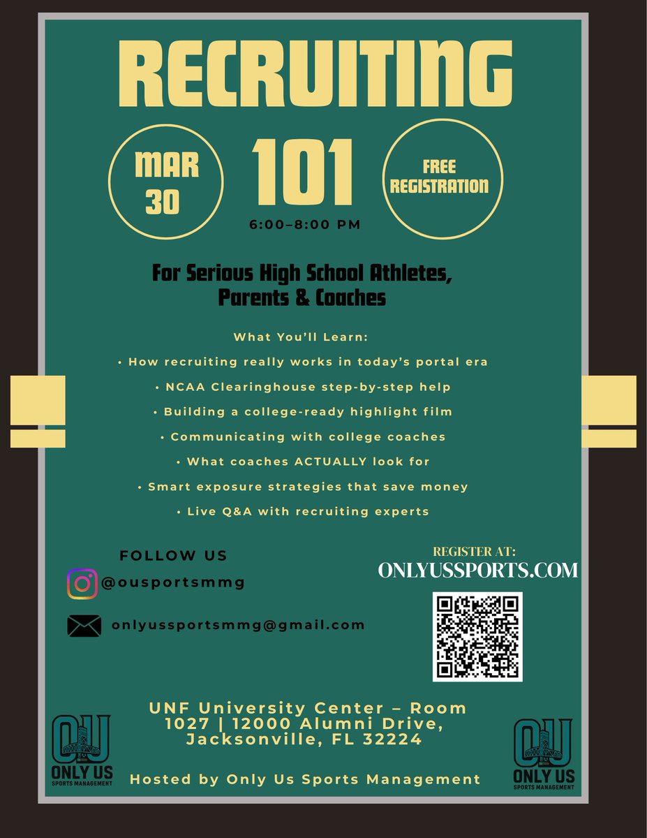 MrSmalls904's tweet photo. OU Thursday 🏈

Most athletes don’t miss out because of talent…
They miss out because nobody showed them the process.
Recruiting 101 = the game plan.

Athletes + Parents welcome
📍 Jacksonville, FL
🎟️ Register now

Hosted by Only Us Sports Management
#OUThursday #Recruiting101 #FootballRecruiting