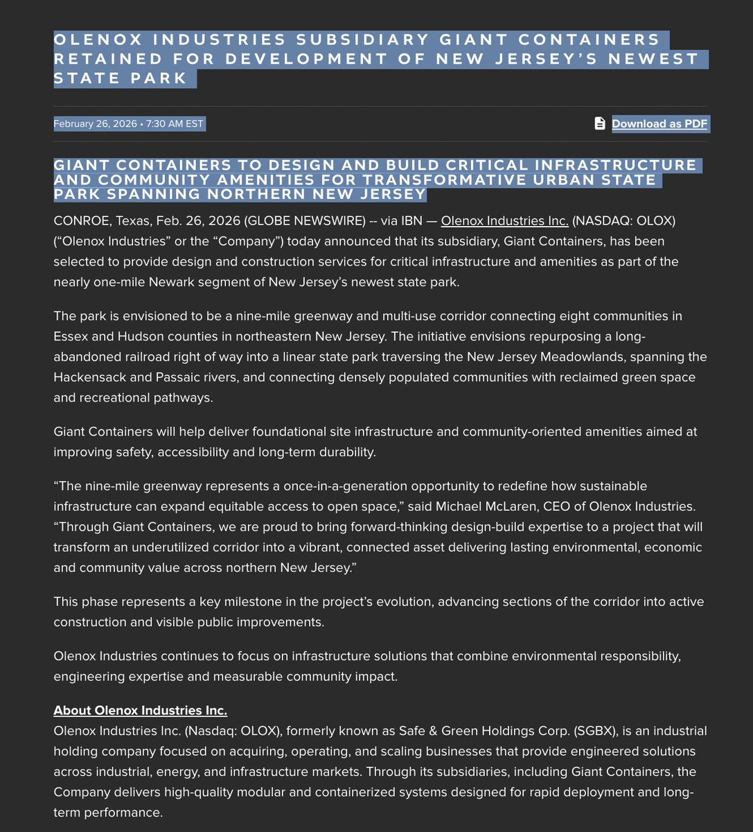 jctb1's tweet photo. $OLOX~Olenox Industries Inc. (NASDAQ: OLOX) (“Olenox Industries” Olenox Industries Subsidiary Giant Containers Retained for Development of New Jersey’s Newest State Park
$OLOX #OLOX #PARKS #STATEPARKS @NJ #NASDAQ
https://t.co/rgQmAzPYuC
