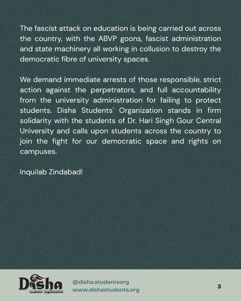 JoinDisha's tweet photo. Disha Students’ Organization condemns fascist ABVP’s violence at
Dr. Hari Singh Gour University, Sagar, MP!

Disha Students’ Organization strongly condemns the repeated, brutal attacks on students of Dr. Hari Singh...

#mp #sagaruniversity #ABVP #smashfascism #DrHariSingh #Gour https://t.co/I1W6pvdhbQ