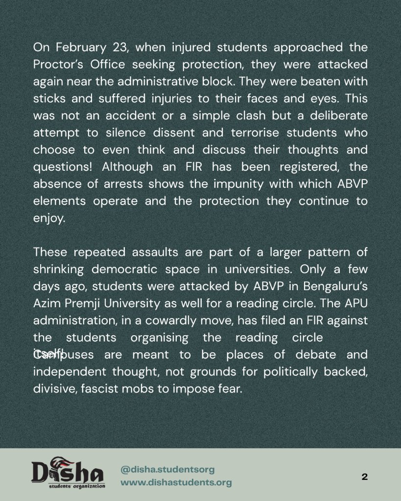 JoinDisha's tweet photo. Disha Students’ Organization condemns fascist ABVP’s violence at
Dr. Hari Singh Gour University, Sagar, MP!

Disha Students’ Organization strongly condemns the repeated, brutal attacks on students of Dr. Hari Singh...

#mp #sagaruniversity #ABVP #smashfascism #DrHariSingh #Gour https://t.co/I1W6pvdhbQ
