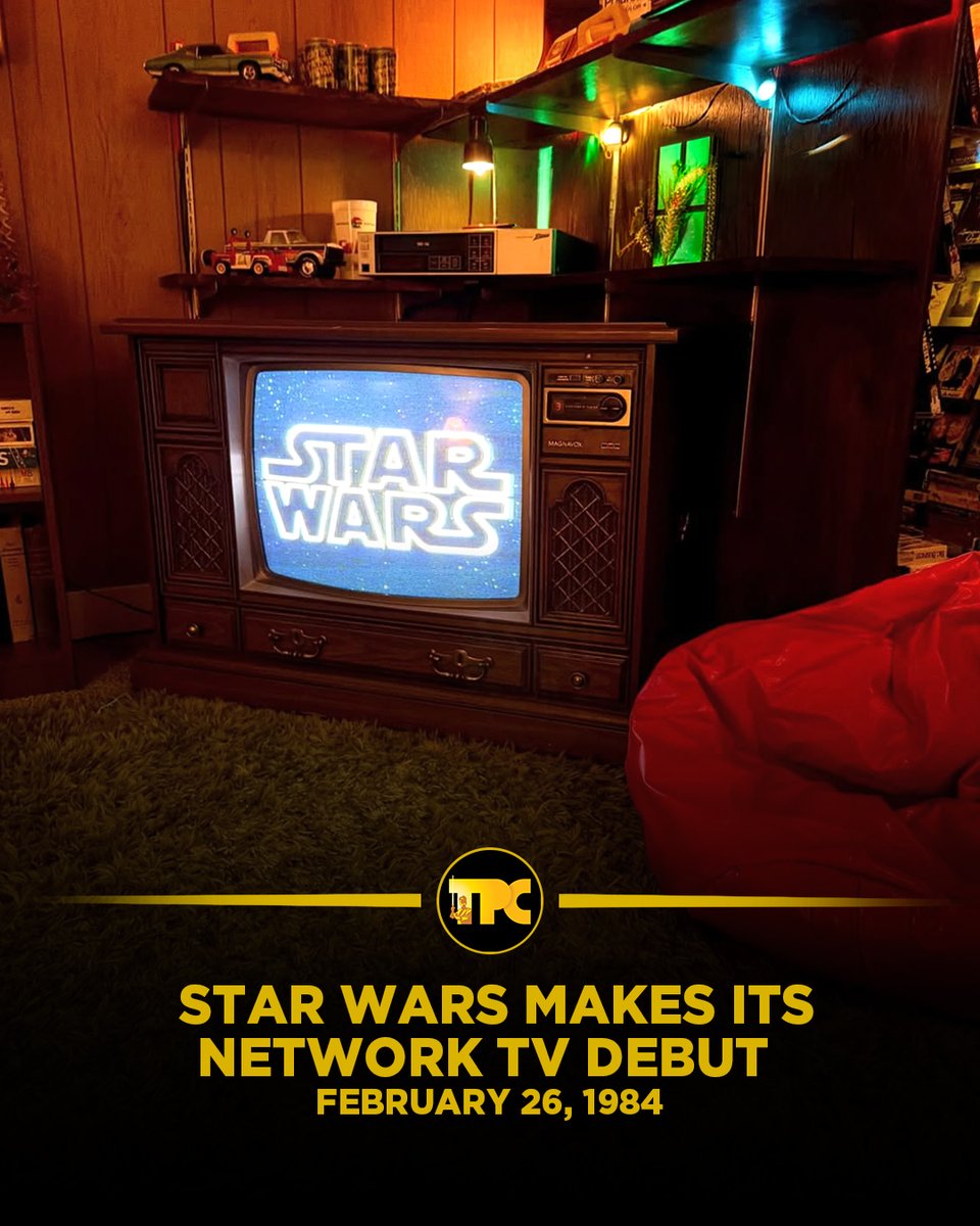 PadawanCollects's tweet photo. Today In Star Wars History… Star Wars debuts on the Small Screen

On February 26, 1984 — Star Wars: A New Hope made its network television premiere on CBS, bringing the galaxy far, far away straight into living rooms across America.

The broadcast pulled in an incredible 36% share of the total TV viewing audience, meaning more than one out of every three TVs turned on that night was tuned to Star Wars — an almost unheard-of number by today’s standards.

📺 Why this mattered:

• This was the first time many kids saw Star Wars at home, not in a theater

• The TV premiere helped ignite new fans just as the original trilogy was winding down

• It perfectly lined up with the height of Kenner’s toy dominance, keeping Star Wars culturally unavoidable

• CBS reportedly paid a then-record multi-million-dollar licensing fee for the broadcast rights

By 1984, Star Wars wasn’t just a movie anymore — it was appointment television, proving the saga’s power far beyond the big screen.

Shop vintage-style Star Wars shirts using my link: https://t.co/bnNlPPv3x9

(Affiliate link) I am an Amazon Affiliate and make commission on qualified purchases. It supports my channel, so thank you!

#StarWars #ANewHope #OnThisDay #StarWarsHistory