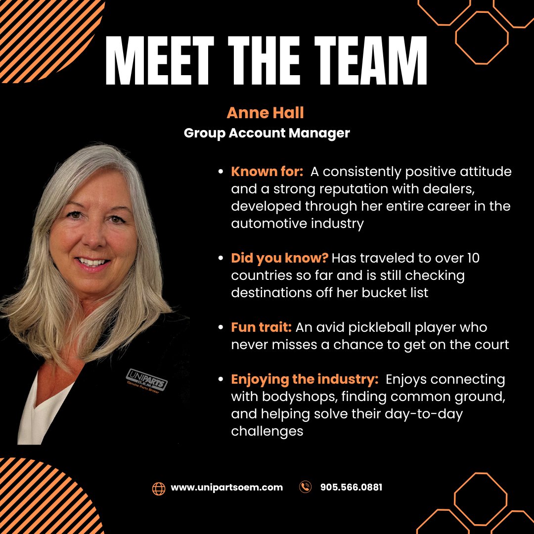 Meet Anne Hall, Group Account Manager.

Focused on strong dealer relationships, day-to-day support, and long-term partnership across the automotive industry.

#MeetTheTeam #CollisionIndustry #OEM #CollisionIndustry