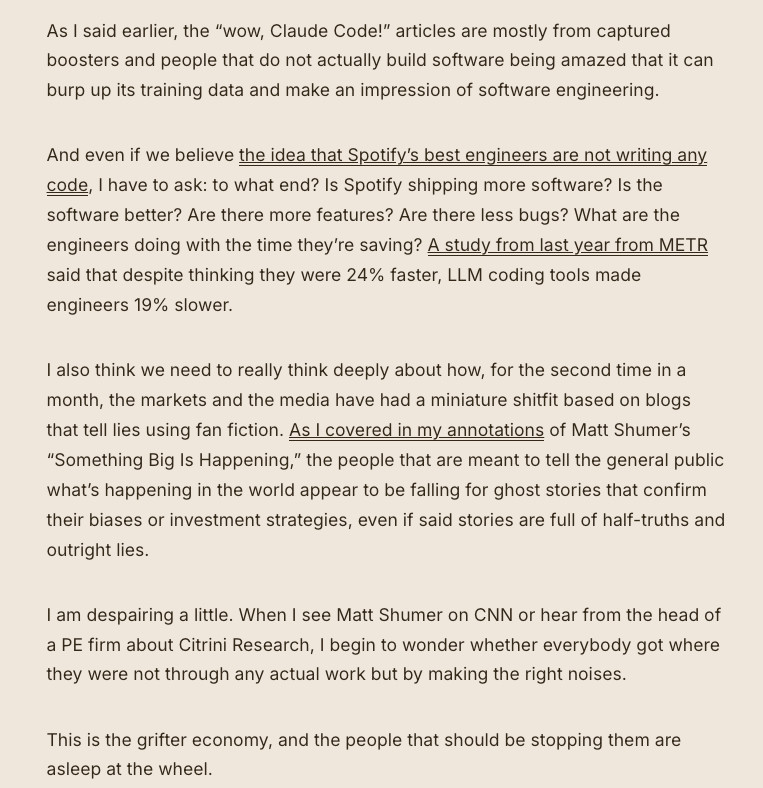 edzitron's tweet photo. The AI economy has become a grifter economy, with dodginess and chicanery at every level, where CEOs lie, and their lies are solidified into plausible-looking analyslop.

And the institutions that should be challenging them are nowhere to be seen. 

https://t.co/yBcV5ytkfc https://t.co/yGLO37iy98