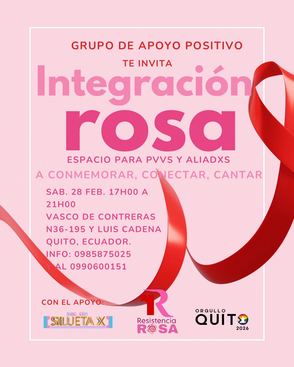 OrgulloQuito's tweet photo. ¡La unión es nuestra mayor fuerza! ❤️🩹✨
📍 ¿Dónde? Vasco de Contreras N36-195 y Luis Cadena, Quito.
🗓️ ¿Cuándo? Sábado 28 de febrero.
🕔 Horario: 17h00 a 21h00.
🏳️🌈💪
#ResistenciaRosa #GrupoApoyoPositivo #OrgulloQuito2026 #SiluetaX #PVVS #PersonasX #GenteX https://t.co/Zi54fRLOxD