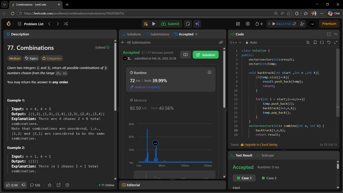 's tweet image. Day 129: Combinations
Backtracking
Start from current index
Stop when size = k
#LeetCode #Backtracking #Recursion