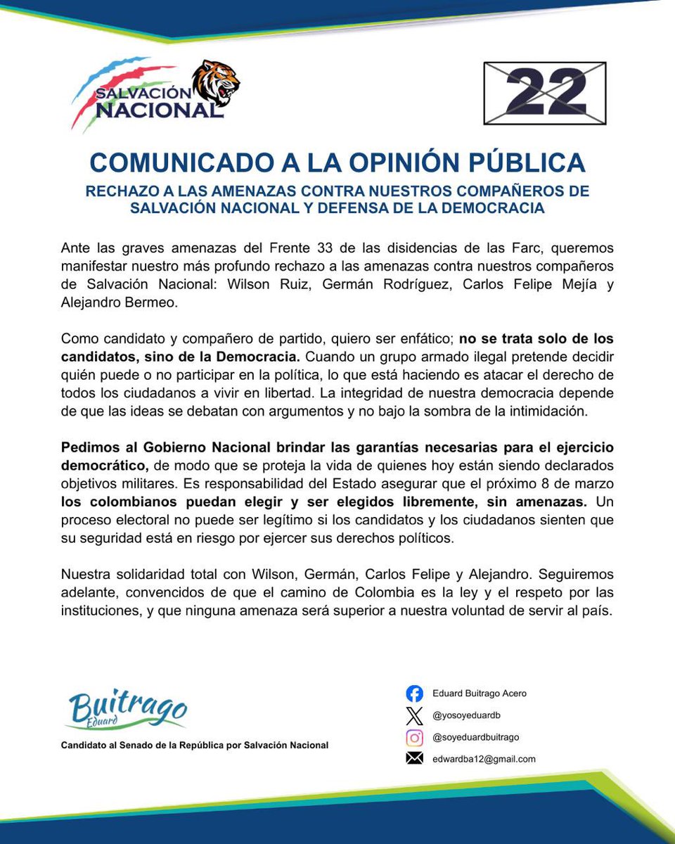 La democracia no puede ser declarada "objetivo militar". Mi total respaldo an mis compañeros de <a href="/MovSalvacionNal/">Salvación Nacional</a> ante las amenazas de las disidencias de las Farc.

Hacemos un llamado urgente al Gobierno, sin seguridad no hay libertad de elegir. ¡Lean nuestro comunicado! 📢