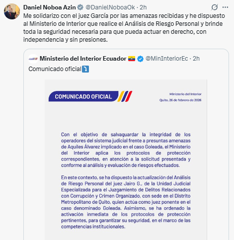 #JUDICIALES El presidente Noboa se solidarizó con el juez Jairo García, quien fue amenazado  por Aquiles Álvarez, quien supuestamente lo amedrentó en la  audiencia telemática de habeas corpus, interpuesto por su defensa, para salir de la cárcel de Cotopaxi.  
Nobo dijo que el