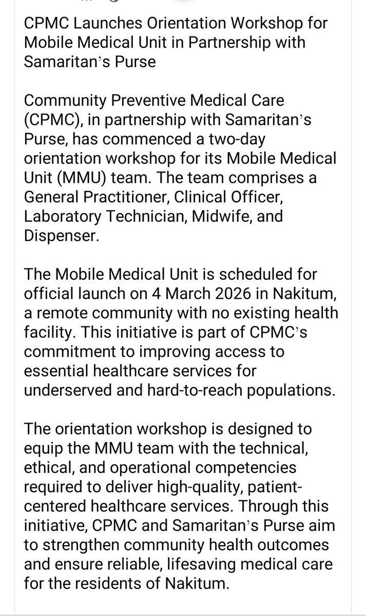 One year ago, I posted in this street about Nakitun Community. An area without a single healthy facility. On the 4th of March 2026, we will be launching a weekly Mobile medical outreach to Nakitun, in partnership with Samaritan’s Purse.  I appreciate team CPMC for their efforts.