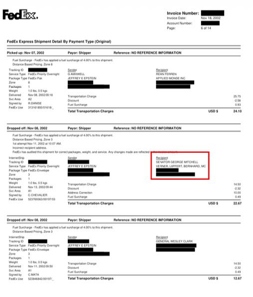 Why did Jeffrey Epstein send a FedEx package to former Senate Majority Leader George Mitchell (D-Maine) just weeks before Mitchell has tapped as Vice Chair of the 2002 9/11 Commission?