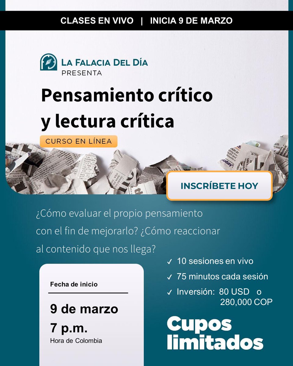 ¡Buen día, mundo! Cada día vemos más urgente desarrollar pensamiento crítico y lectura crítica, ¿Pero cómo hacerlo?

Ese es el tema centrar de este curso, del cual abriré un nuevo grupo el 9 de marzo. Será los lunes, 7pm, hora colombiana. Cuesta 80 USD  o 280.000 COP

¿Preguntas?