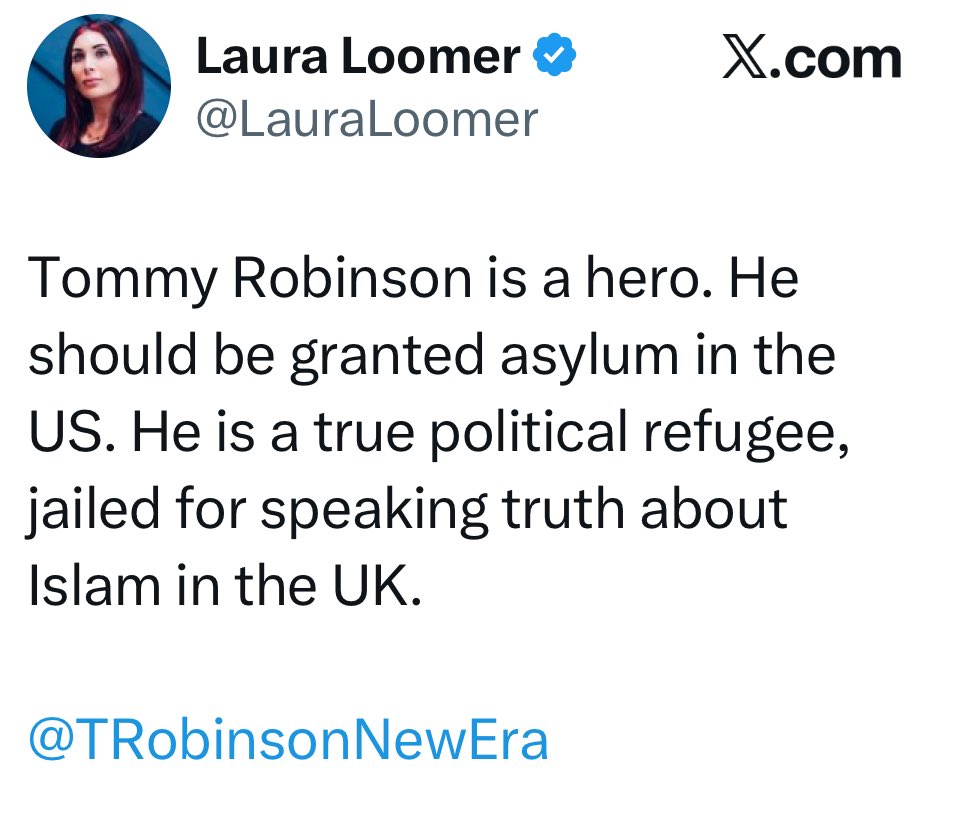 Hey, <a href="/LauraLoomer/">Laura Loomer</a> 👋

You are more than welcome to keep the fucking traitorous little shill forever. 

<a href="/TRobinsonNewEra/">Tommy Robinson 🇬🇧</a>