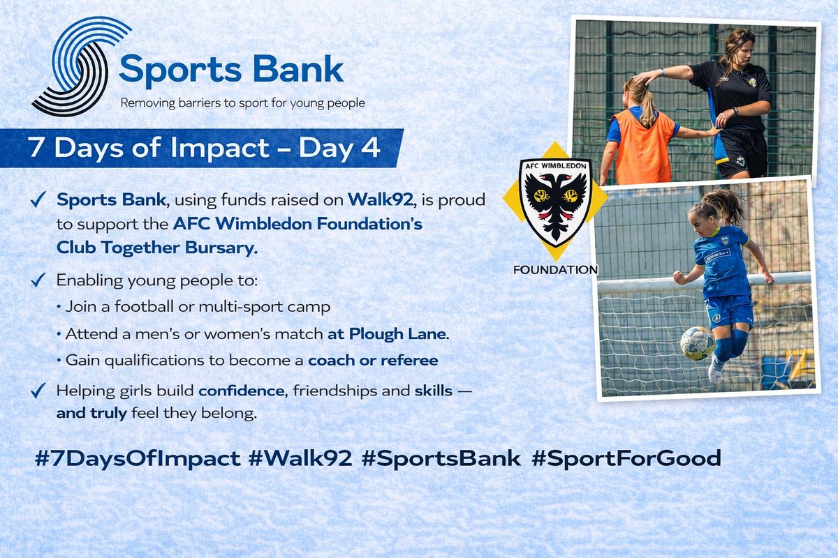 SportLclAction's tweet photo. Day 4 💙
Proud to support this.
AFC Wimbledon Foundation's Club Together Bursary removes financial barriers between young people and playing sport.
Camps. Matches. Qualifications. Belonging.
Support it here 👇
https://t.co/IZZOncLuhX
#7DaysOfImpact #Walk92 #SportsBank https://t.co/QAu56GsLE8