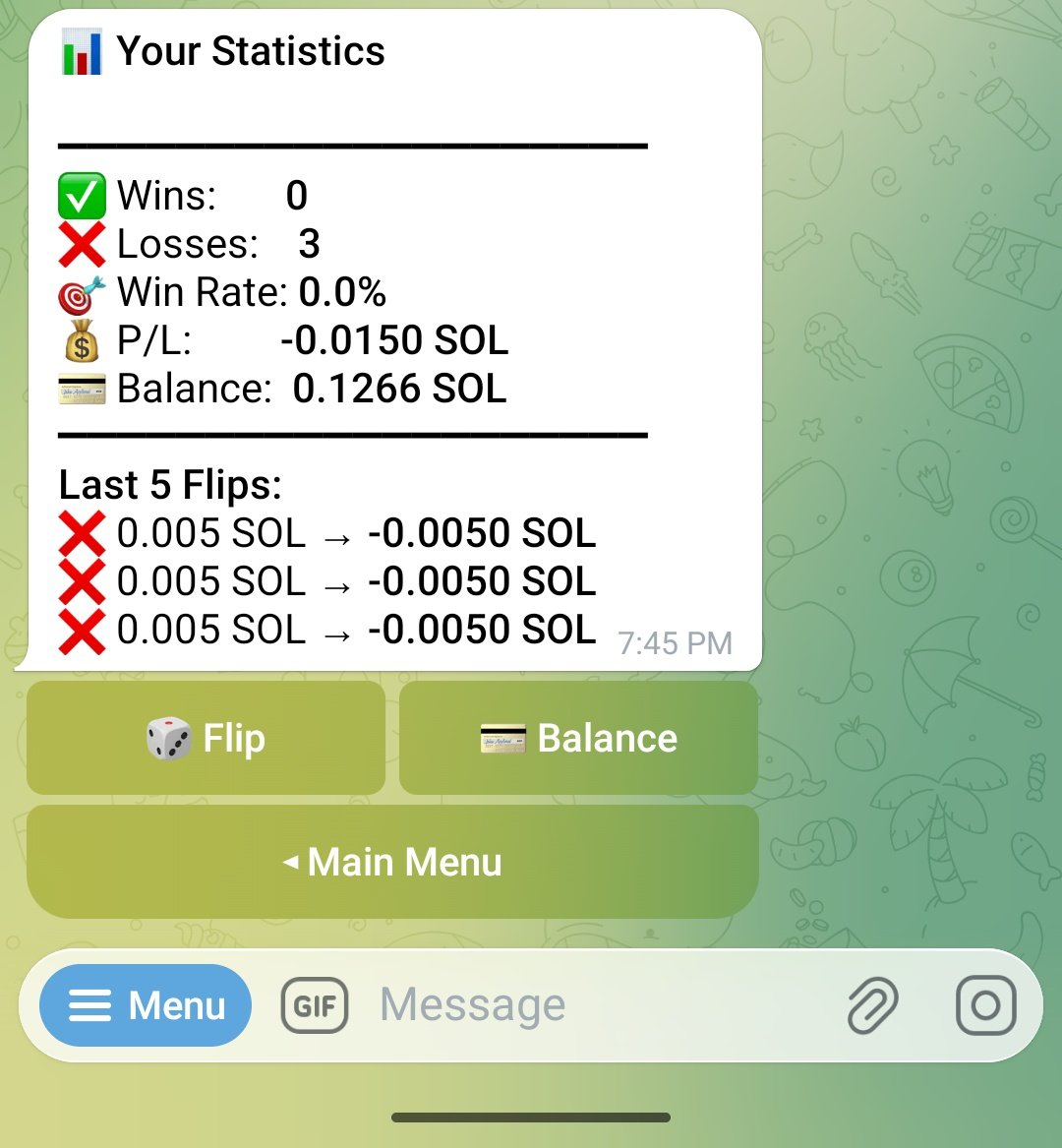 Probability of 4 losses in a row = 0.5⁴ = 6.25%
That means it happens roughly 1 in every 16 sessions. 8 in a row? Still a 0.39% chance  rare but happens to everyone eventually.
On patterns, There are NO patterns in Slotana. The randomness is generated on-chain using a VRF