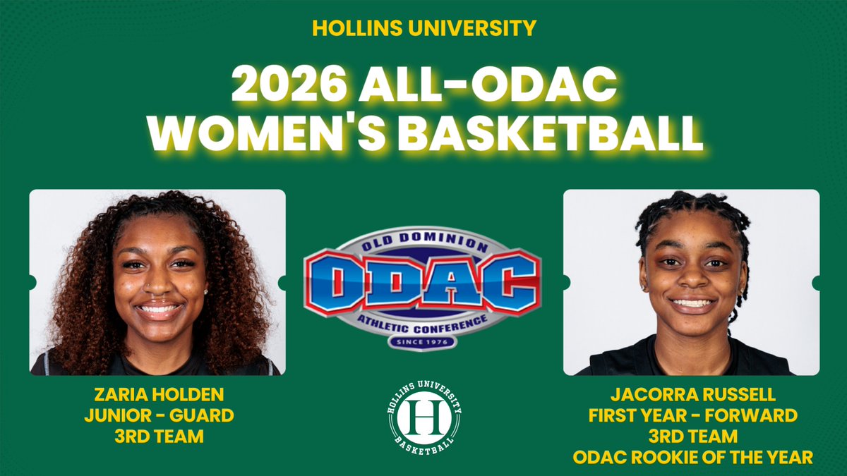 HollinsSports's tweet photo. CONGRATULATIONS!!!!
@hollinshoops junior guard Zaria Holden and first year forward Jacorra Russell have been named to the @odacathletics All-ODAC 3rd team for women's basketball.
Russell was named the 2026 ODAC Women's Basketball Rookie of the Year!!!

#MyHollins https://t.co/w7eAaxj0jJ