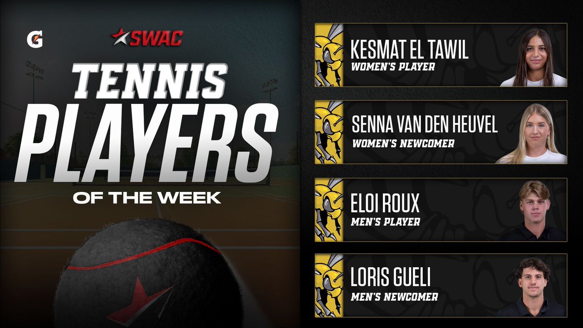 theswac's tweet photo. SWAC Tennis Players of the Week: Feb. 26

@gatorade

Kesmat El Tawil, Women's Player
Senna Van Den Heuvel, Women's Newcomer
Eloi Roux, Men's Player
Loris Gueli, Men's Newcomer

#SWACTEN | #BuildingChampionsForLife https://t.co/ZqFFkybSTh