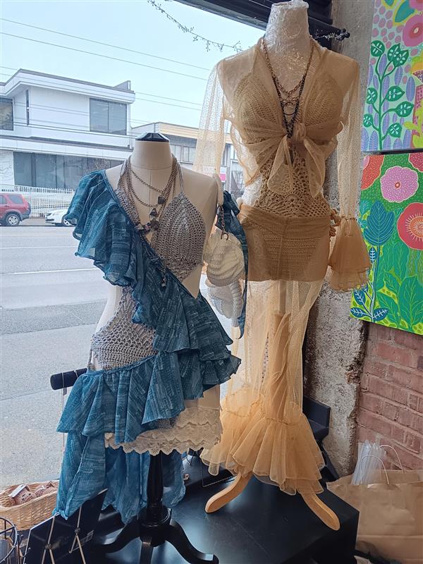 EWMASTORE's tweet photo. Available in-store now! 🛍️ Check out these stunning VFW SS26 runway designs @EWMASTORE. Crochet bathing suits (blue, silver, gold) $75 each, blue cover-up $75, gold 2-piece cover-up $75, blue crossbody dress $75.

#SupportLocal #ShopSmallBusiness #ArtistSupportingArtist https://t.co/Qqb0cXaHSh