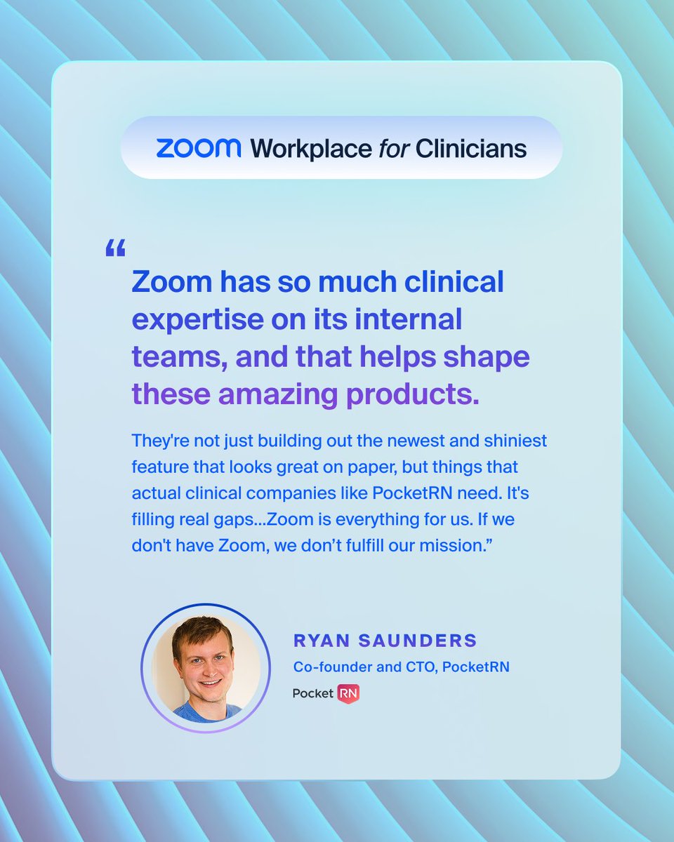Zoom's tweet photo. PocketRN is redefining virtual nursing with Zoom Clinical Notes — saving nurses ~2 hours per day, achieving 92% nurse satisfaction, and expanding their partnership with Zoom to scale compassionate, efficient care. 

For more on how AI-powered documentation is helping clinicians spend more time with patients, not paperwork 👉 https://t.co/r2Rsety9xy