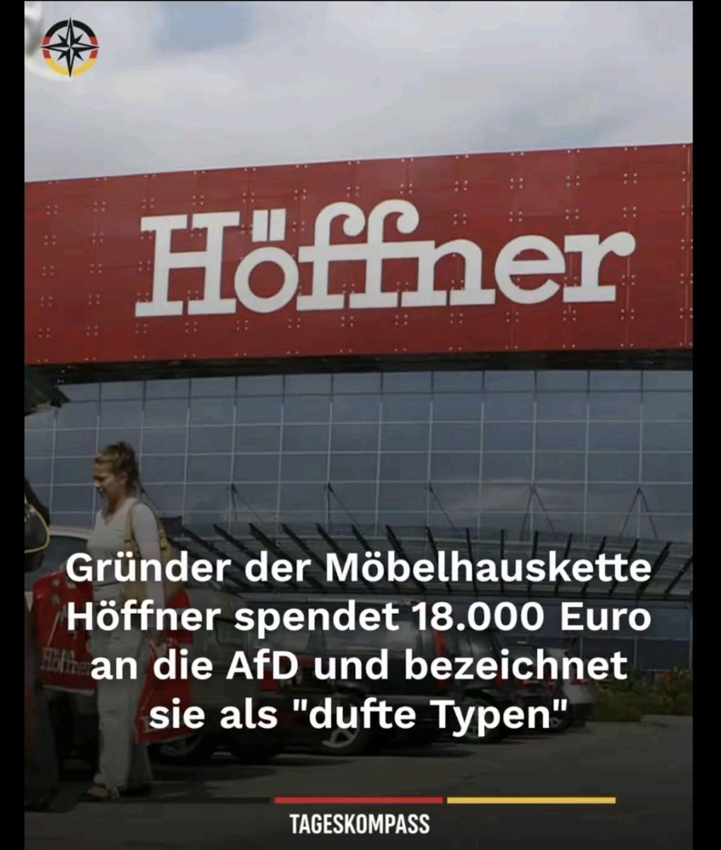 🚨💙💙So muss das...💪👍

Möbel -Milliardär und Inhaber der Höffner -Möbel-Gruppe,Kurt Krieger spendete der AfD 18000 €