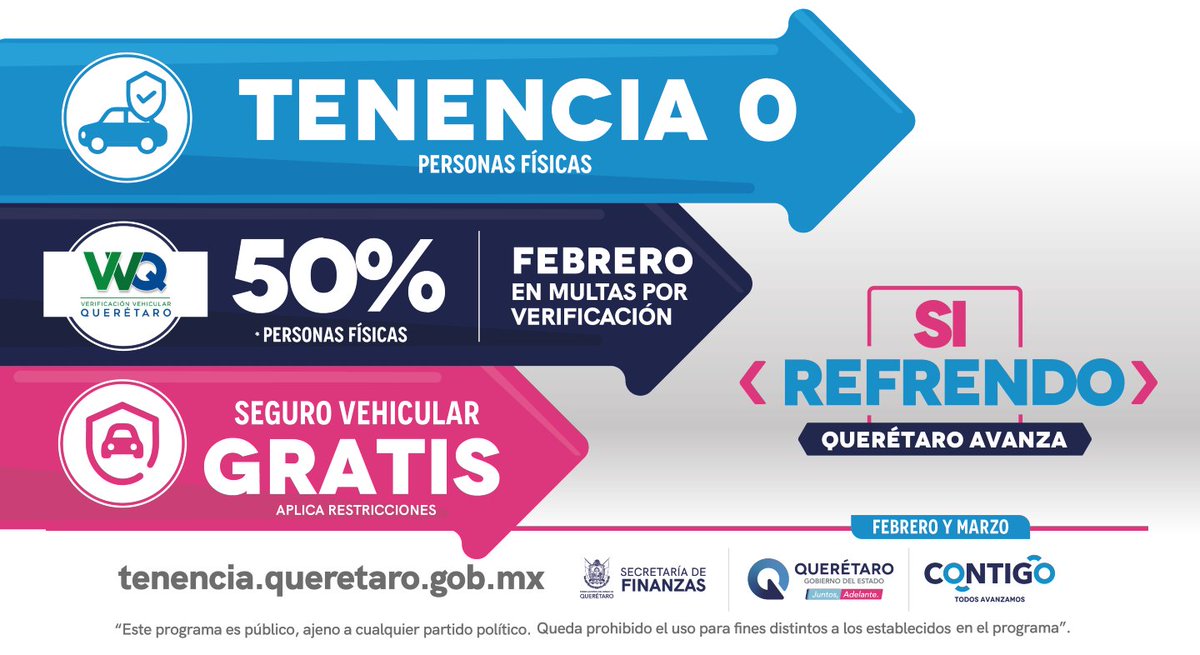 ¡Aprovecha los beneficios al pagar tu #refrendo en febrero y marzo en #Querétaro! 🚗

Tenencia Cero, seguro vehicular gratis y descuentos en multas por verificación. ✅

¡Elige el medio de pago que más te convenga! 📱

¡#Contigo nuestro estado avanza! #SíRefrendo #AppQro