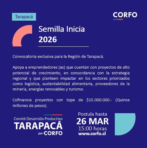 CorfoTarapaca's tweet photo. 📢♻️Semilla Inicia Tarapacá 2026♻️
Ya se encuentra abierta la convocatoria para emprendedores de Región de Tarapacá que tengan un proyecto con un alto potencial de crecimiento
Postula 👉 https://t.co/oqdAqagEhM 
#Innovación #Emprendimiento #Iquique #Tamarugal #Tarapacá
💪🚀🌎✅ https://t.co/ArvcUxS0Ja