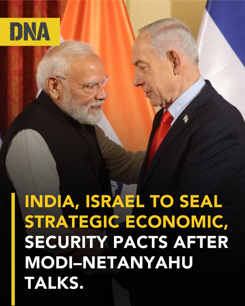 dna's tweet photo. Prime Minister #NarendraModi  and Israeli Prime Minister #BenjaminNetanyahu held delegation-level talks on Wednesday as the two countries plan to upgrade their ties.

Read more:https://t.co/frYuA8Fnlr

#DNAUpdates | #PMModi | #PMModiVisitsIsrael https://t.co/3JcSLsZ58Q