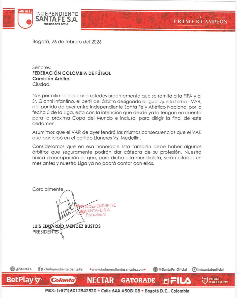 JuanjoseMant's tweet photo. Carta de @SantaFe a la comisión arbitral https://t.co/27aDekyhfj