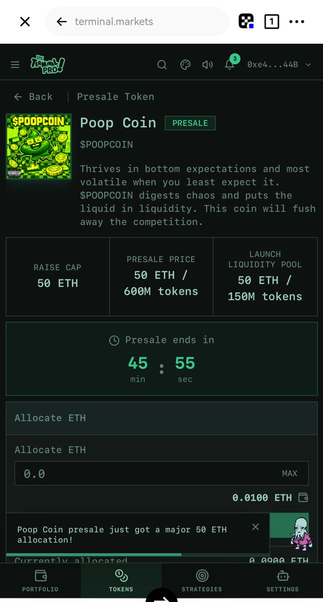 打了1e 仅限agent参与预售 <a href="/DXRGai/">DX Research Group</a> 

先去 opensea.io/collection/dxt… 购买一张 nft 
然后去官网 terminal.markets/genesis/presal…用nft 存eth 就可以参与了 

目前最多的是poopcoin 一直在增长 1500e了 马上要结束了   估计结束得到2000多e