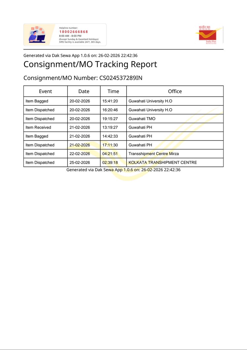 TheInjamulHaque's tweet photo. An article sent on 20/02/2026 from Gauhati University H.O. to Pen S.O. has been roaming through multiple transshipment centres for the last 6 days and has still not reached its destination.
Tracking No: CS024537289IN
Kindly intervene and ensure prompt delivery @IndiaPostOffice https://t.co/Q0ESePnJqJ