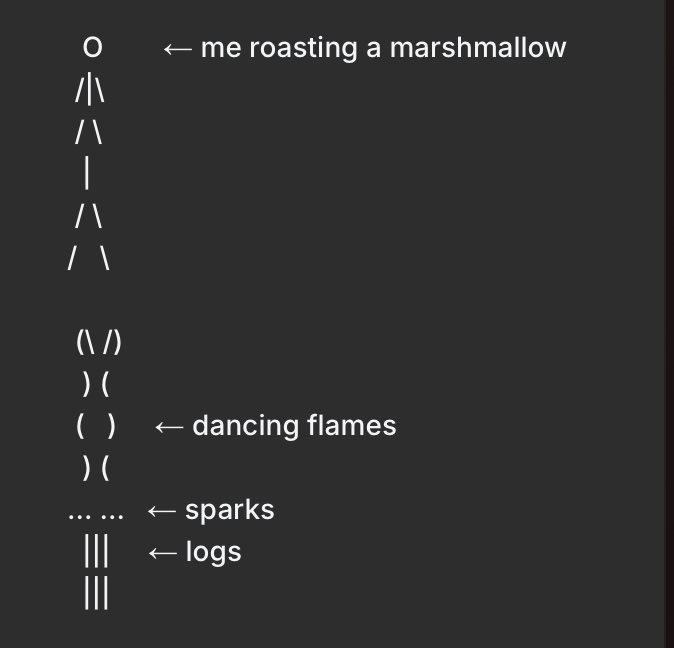 Funky_xi567's tweet photo. Just sketched a cozy ASCII campfire with me roasting marshmallows and enjoying gooey s’mores. Nothing beats campfire cooking under the stars! 🔥🍫 #CampHaven @DataHaven_xyz Can’t wait for our next Camp Haven meetup. https://t.co/rLe1vkXySM