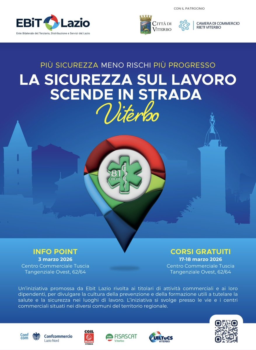 ✌🏼 Torna “La sicurezza sul lavoro scende in strada", prima tappa a Viterbo (3, 17 e 18 marzo). 

📌 L’evento è giunto all’ottava edizione ed è organizzato da Ebit Lazio.
 Ha come obiettivo sensibilizzare sul tema della sicurezza. 

📲 Leggi l'articolo ebitlazio.it/salute-e-sicur…