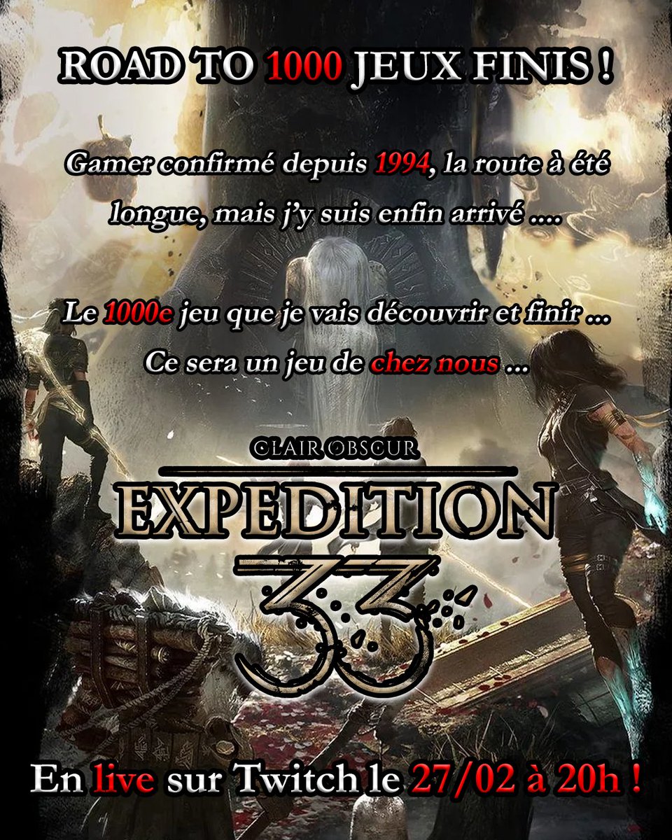 C'est l'heure. La fin du chemin. L'atteinte d'un palier plutôt sympa, non ?! Le 1000e jeu. Et ce sera le GOTY 2025, un jeu de chez nous ... Clair Obscur : Expedition 33, de <a href="/SandfallGames/">Sandfall Interactive - CO:E33 out now!</a> ! Demain soir 20h ! Un weekend chargé en émotions m'attends ! twitch.tv/Oncle_S_A_M