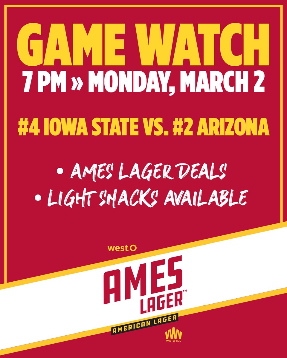 westobeer's tweet photo. Here we go, Cyclone Nation. 🌪️🔥

It’s a TOP-5 SHOWDOWN and we’re turning the taproom into Hilton West.

🏀 #4 Iowa State vs. #2 Arizona
📅 Monday, March 2
⏰ 7 pm Open | 8 pm Tip
We’ve got the sound ON, the beers COLD, and the Ames Lager flowing.

🍺 $2 OFF Ames Lager PINTS

🍺 $20 OFF Ames Lager CASES
Stock up for the stretch run or grab a pint and cheer every possession like you’re courtside. We’ll have light snacks available, plenty of high-fives, and zero tolerance for cheering for the Wildcats. 😉

Wear your Cardinal & Gold. Bring your loudest game voice. Let’s pack West O Beer and make it feel like Ames.