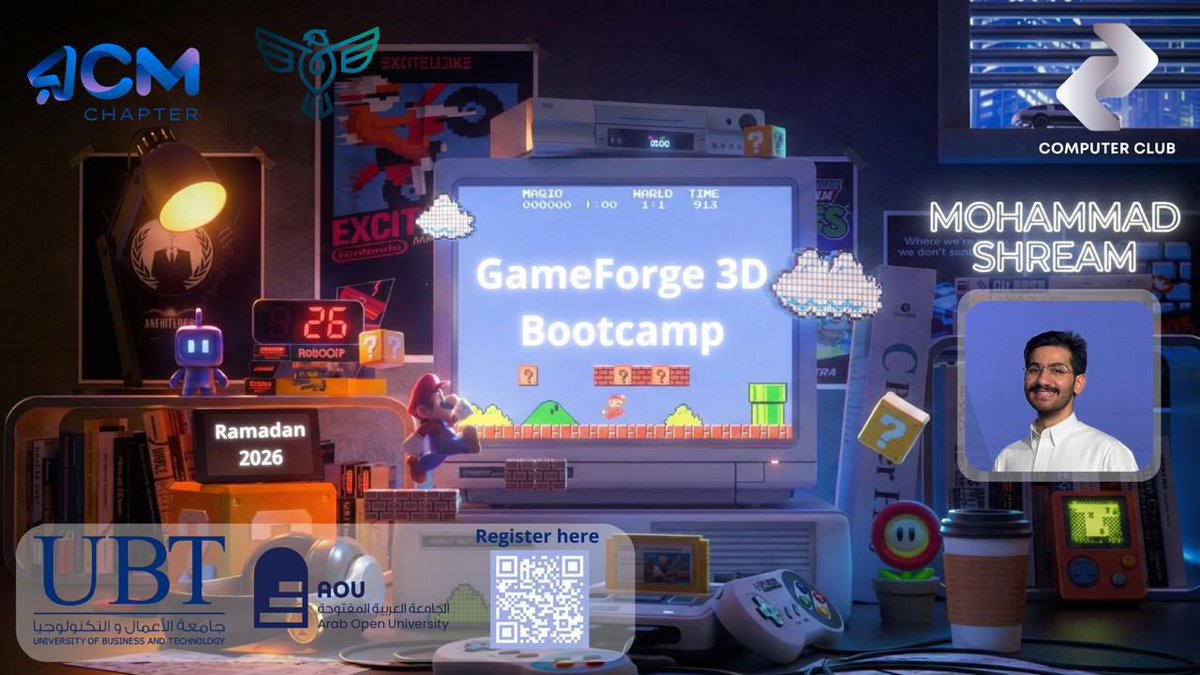 UBT_ACM's tweet photo. Build your first 3D game from scratch 🎮
Start your game dev journey today —limited seats!

اصنع أول لعبة ثلاثية الأبعاد من الصفر 🎮
ابدأ رحلتك في تطوير الألعاب الآن المقاعد محدودة!

26 Feb to 7 Mar
https://t.co/uczveuKHvD

#GameForge_3D
#BulidingTheFutureOnLineAtATime
#UBT_ACM https://t.co/aYXvsaXYDN
